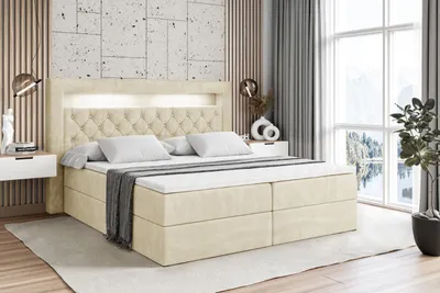 Produktbild von ALTDECOR Boxspringbett mit Matratze (20 cm hoch) und Topper (4 cm hoch), Polsterbett mit Kopfteil, Bettkasten und LED Licht - NOEL GOLD - 180x200 - H4 / Beige Samt