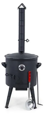 Produktbild von Utschak Feuerofen + Gusseisen-Kasan 12 L, runder Boden + Küchenzubehör, Usbekischer Kochtopf aus Gusseisen