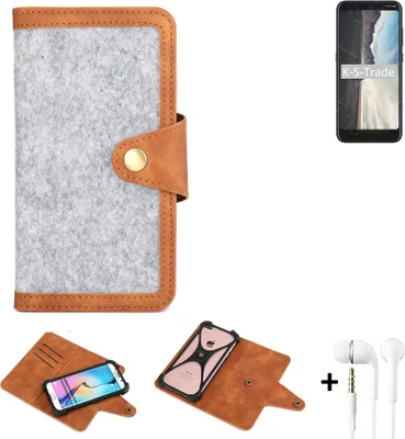 Produktbild von K-S-Trade Handyhülle + Kopfhörer kompatibel mit Nokia C2 Tennen Schutzhülle Filz Hülle Kunstleder hellgrau braun (1x)