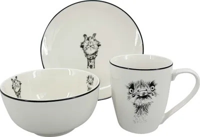 Zdjęcie produktu dla Porcelanowy zestaw śniadaniowy Afryka (kubek, miska, talerz), czarna linia