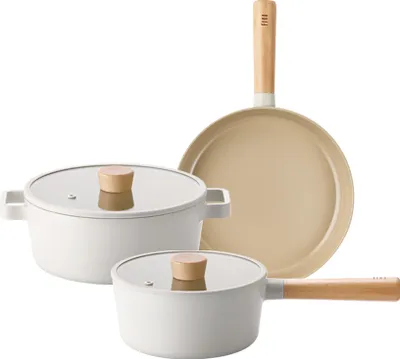 A set of cookware including a frying pan and two pots with lids, arranged on a white background.