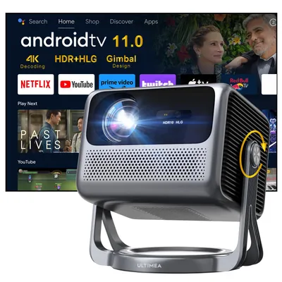 Productafbeelding van ULTIMEA Nova C40 beamer met 4K-decodering en Android TV 11.0. Beamer met een contrastratio van 1000:1, Dolby Audio, 600 ANSI lumen, HDR10 & HLG, en een 90° gimbal ontwerp zonder statief nodig