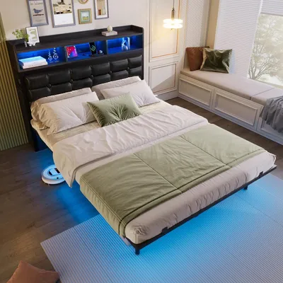 Productafbeelding van Tweepersoonsbed 140*200 cm met lattenbodem en hoofdeinde, voorzien van 2 uitschuifbare nachtkastjes, opbergvakken, een lade voor mobiele telefoons (Type C-aansluiting en USB), en LED-verlichting. Kleur: grijs