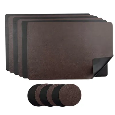Produktbild von Platzset Kunstleder 6 Stück mit Glasuntersetzer, Wendbares Tischset 45x30cm, Platzdeckchen Modern (Braun/Schwarz)