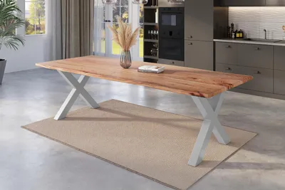 Produktbild von Esstisch Baumkante 280 x 100 cm Akazie natur massiv X-Gestell silber NICK