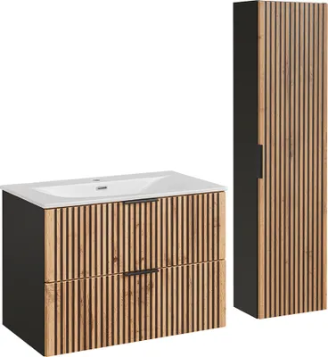 Produktbild von Waschtisch und Hängesäule 80.4cm Gaia mit 2 Schubladen, Eichenoptik und Schwarz