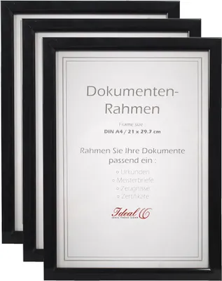 Produktbild von IDEAL TREND Bilderrahmen Schwarz DIN A4 3er Pack für Dokumente Urkunden Fotos Kunststoff Hoch- und Querformat mit Klarglas Flexpins Aufhängeröse Hartfaser-Rückwand Blockprofil