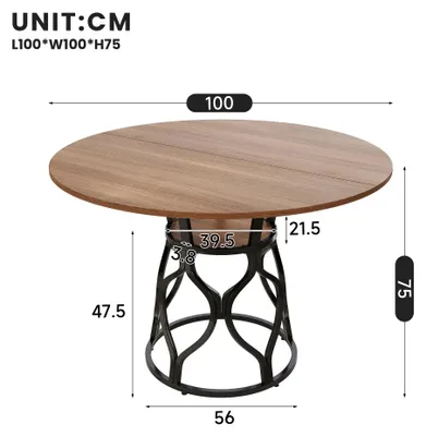 Obrázok produktu pre Okrúhly jedálenský stôl – kuchynský stôl – 100 x 100 x 75 cm – pre 4–6 osôb – s integrovanou odkladacou plochou – doska stola z MDF – kovová konštrukcia – orechová/čierna farba