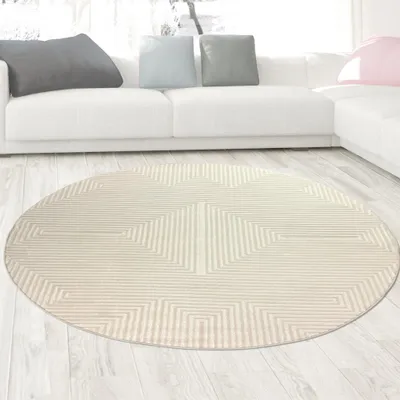 Image de Tapis à poils courts Crème design géométrique avec effet brillant moderne et facile d'entretien Taille - 200 cm Rond