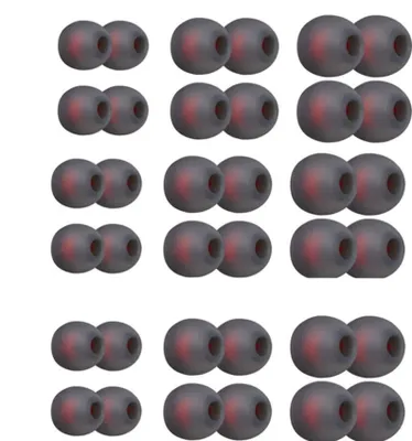 A collection of gray silicone earbud tips with red accents, arranged in rows.