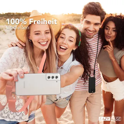 Produktbild von EAZY CASE - Hülle mit Band für Samsung Galaxy S21 FE 5G, Handyhülle mit Umhängeband, Silikonhülle transparent, Handykette in Orange