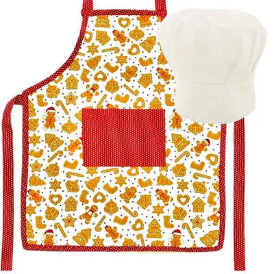 Produktbild von Weihnachtsschürze für Kinder inkl. Kochmütze – 50 x 59 cm – 4–9 Jahre – 100 % Baumwolle