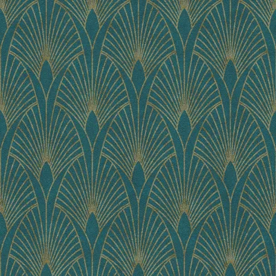 A seamless pattern of Art Deco-style fan motifs in gold against a teal background.