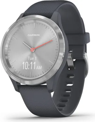 Produktbild von Garmin vivomove 3S Hybrid-Smartwatch, Granitblau/Silber, 39x39x11 mm, 38.6g, Silikonarmband, Kunststoffgehäuse, Edelstahllünette, Mineralglas, OLED-Display, Herzfrequenz, Pulse Ox, Body Battery, Connected GPS, Smart Notifications, Wasserdicht 50m, Fitness-Tracking, Gesundheit, Alltag, Android, iOS, Unsichtbares Display, Vordefinierte Schnellantworten (nur Android)