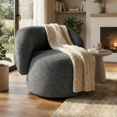 Obrázek produktu pro Otočné křeslo MAO 360° otočné – moderní pohodlné křeslo, relaxační křeslo, čtecí křeslo s potahem z chenille, otočné designové křeslo v tmavě šedé barvě