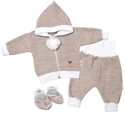 Obrázek produktu pro Baby Nellys  3-dílná souprava Hand made, pletený kabátek, kalhoty a botičky, béžová