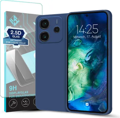 Produktbild von Hülle für Xiaomi Redmi Note 14 mit 9H Displayglas Displayschutz Plus Case Cover Bumper Silikon Softgrip Schutzhülle Farbe: Blau
