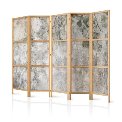 Produktbild von Paravent Blätter XXL 225x171 cm 5-teilig einseitig eleganter Sichtschutz Raumteiler Trennwand Raumtrenner Holz Design Motiv Deko Home Office Botanik Natur Retro f-C-0454-bh-a