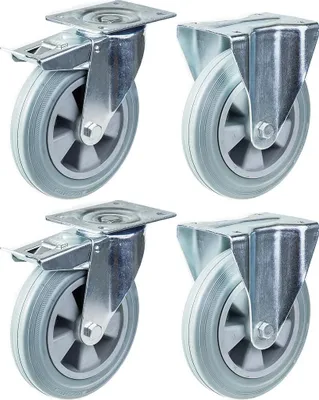 Immagine prodotto di ruote da 200 mm e 8" con freno in gomma grigio e capacità fissa e robusta di 820 kg, set di 4 pezzi