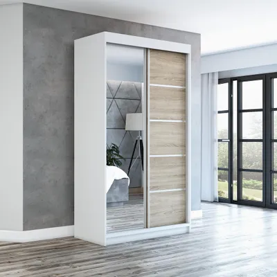 Produktbild von Schwebetürenschrank GAP 120 cm 2-türig Schrank mit Spiegel. Farbe: Weiß / sonoma