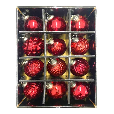 Immagine prodotto di 12 palline di vetro decorate a mano per l'albero di Natale | Palline per l'albero di Natale, realizzate in vero vetro | Decorazioni natalizie, colore rosso