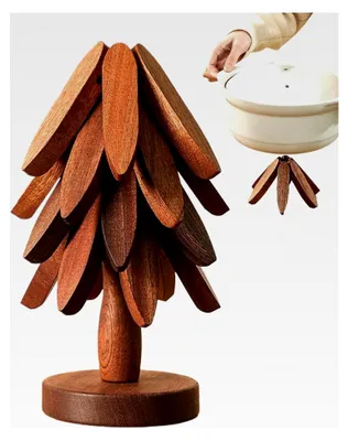 Produktbild von Holz Baum Untersetzer - Natürlicher Untersetzer mit 4 Holzuntersetzern und 1 Ständer für Küche und Esstisch