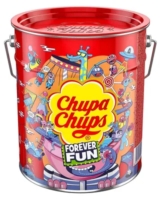 Produktbild von Chupa Chups Eimer, 150 Lutscher in der Aufbewahrungsdose, Pop-Art Metalldose