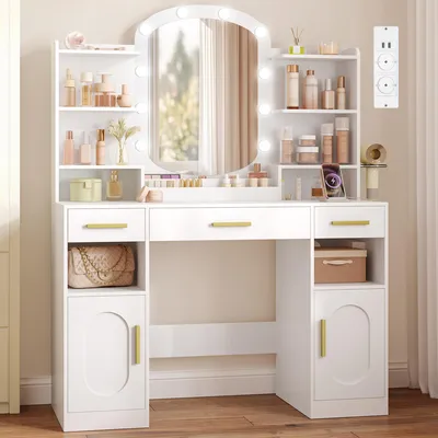 Productafbeelding van Kaptafel met ovale spiegel en 3 laden - 148x108x40 cm - Spaanplaat - Slaapkamer