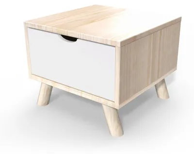 Produktbild von Skandinavischer Nachttisch aus Massivholz Viking mit Schublade - Naturlack/Weiß
