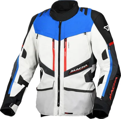 Imagen del producto de Chaqueta textil impermeable para motocicleta Macna Domane, color gris claro/azul, talla S