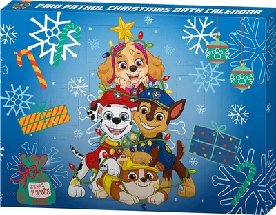 A Paw Patrol Christmas advent calendar box with cartoon characters and festive decorations.