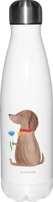 Produktbild von Mr. & Mrs. Panda Trinkflasche Hund Blume - Weiß - Geschenk, Thermos, Sprüche, Hunde, Frauchen, trinkflaschen, Süß, thermo, Wasserflasche, isolierflaschen