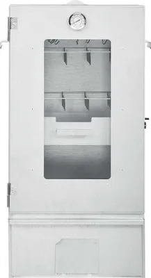 A front view of a silver smoker oven with a glass window and a thermometer on top.