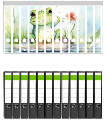 Produktbild von Wallario 12 Stück schmale Ordner inkl. Klebeetiketten mit Motive Frosch in Aquarell -  Set mit Rückenschildern / Ordnerrücken Stickern