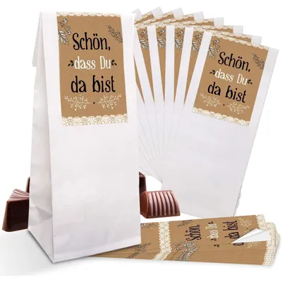 Produktbild von 25 kleine weiße Papiertüten mit Folieneinlage 7 x 4 x 20,5 cm + 25 ENGEL Aufkleber FROHES FEST braun beige Weihnachtstüten Geschenktüten Verpackung Weihnachten"Schön, dass du da bist" braun, schwarz / 10 Stück