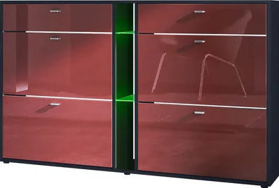 Produktbild von Vladon Schuhschrank Schuhkipper Today 155,5 x 95 x 28 cm, mit RGB LED Beleuchtung,  Germany, Korpus in Schwarz matt, Fronten in Bordeaux Hochglanz