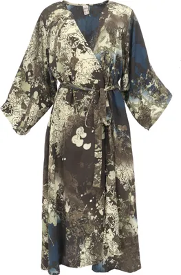 Produktbild von Kimonokleid, Seidig Glänzender Boho Kimono mit Trompetenärmeln, Kimonomantel - Schwarz/olivgrün, Damen, Polyester, Kimono