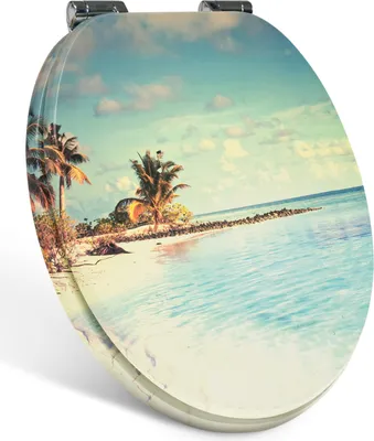 A toilet seat with a tropical beach scene printed on it.