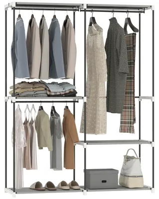 Image de Armoire ouverte en tissu, 4 étagères et 3 tringles, structure métallique robuste, rangement pour chambre à coucher ou dressing, 142 x 43 x 185 cm, gris clair