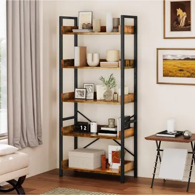 Produktbild von YITAHOME Bücherregal 5 Ebenen, Standregal Freistehend, Holzregal mit Stahlrahmen & 4 Haken, 64 × 30 × 158 cm, Vintagebraun