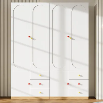 Immagine prodotto di Armadio per bambini Merax*2, armadio a 3 ante con 3 cassetti, cameretta, mobili per cameretta, asta appendiabiti, maniglie in Vetroceramica colorate, bianco