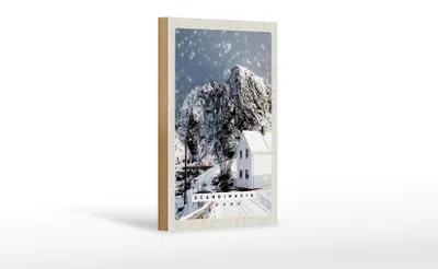 Produktbild von Holzschild Reise 12x18 cm Skandinavien Schnee Winter Berg Haus