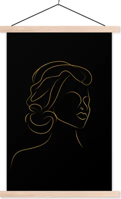 Produktbild von MuchoWow® Textilposter Frau - Schwarz - Gold - Strichzeichnung 40x60 cm mit holzfarbenen Rahmen - Poster