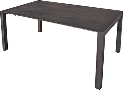 A rectangular table with a dark, textured top and dark metal legs, isolated on a white background.
