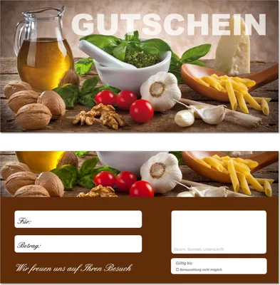 Produktbild von 50 Stück Geschenkgutscheine (Küche-649) - Gutscheinkarten Gutscheine für Bereiche Wellness, Erholung, Entspannung Kochen Essen Nudeln Knoblauch Tomaten Walnüsse Basilikum Käse Pasta Pesto