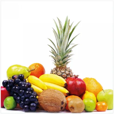 Produktbild von Wallario Premium Glasbild, freischwebende Optik, kräftige Farben, Größe 30 x 30 cm Motiv Gemischtes Obst aus aller Welt - Exotische Obstsammlung