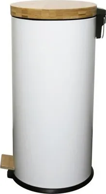 Image de Poubelle de Cuisine à Pédale, 30L, Blanc Mat, Acier Inoxydable et Bois, Anti-trace de doigts