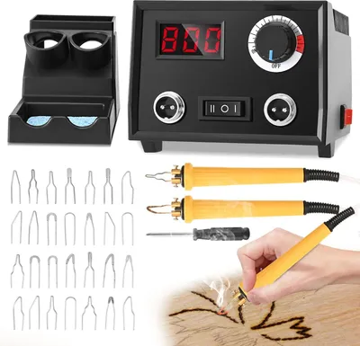 Obrázek produktu pro Sada pro pyrografii – vypalovací stanice 60 W – zařízení na vypalování do dřeva – 2 vypalovací hroty – 30 drátěných hrotů – na dřevo, kůži a dýně – černá