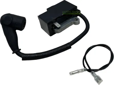A black ignition coil with a spark plug wire attached, shown on a white background.