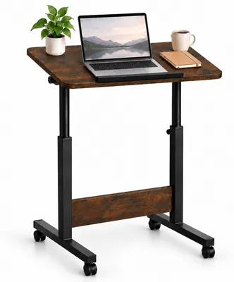 Productafbeelding van Relaxdays, verstelbare laptoptafel, hoogte 67-90 cm, kantelbaar, met wielen, C-vorm, laptoptafel voor bank, fauteuil en bed, zwart/bruin, AI-gegenereerde afbeelding